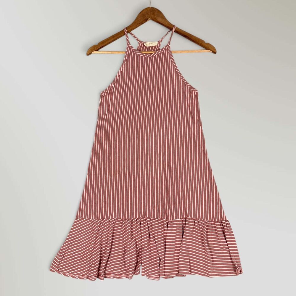Pinc Striped Ruffle Hem Mini Dress Pink White Sleeveless Racerback Size Small